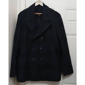 Hugo boss mens Sz 46R wool coat blue black double Breasted leather trim xlarge